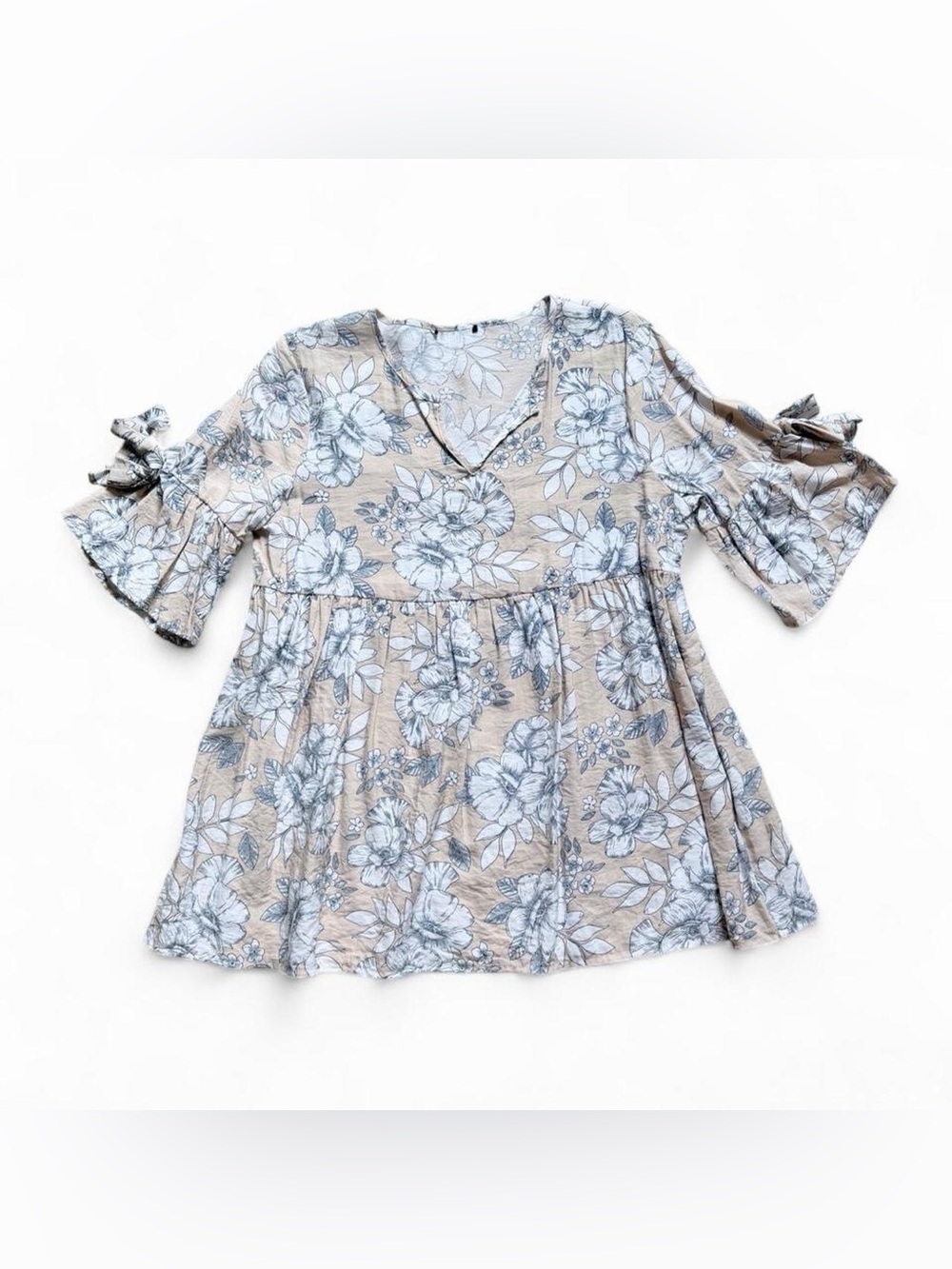 Floral V-Neck Tie-Sleeve Women's Top - Beige and Light Blue